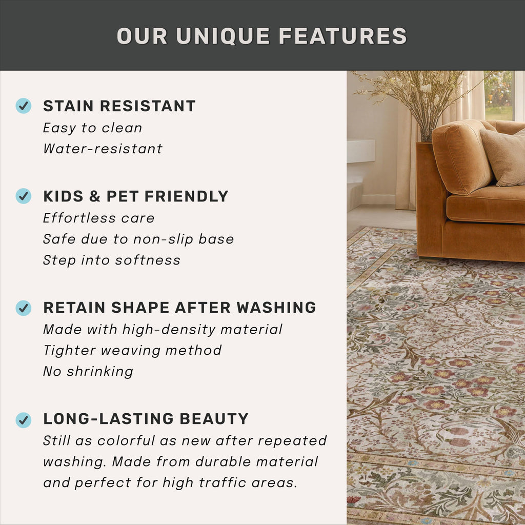 Washable 10x14 Living Room Rug - Moss Green Large Area Rug for Dining Room Under Table, Low Pile Non-Slip Floor Carpet for Bedroom Under Bed - Neutral Taupe Design & Stain Resistance