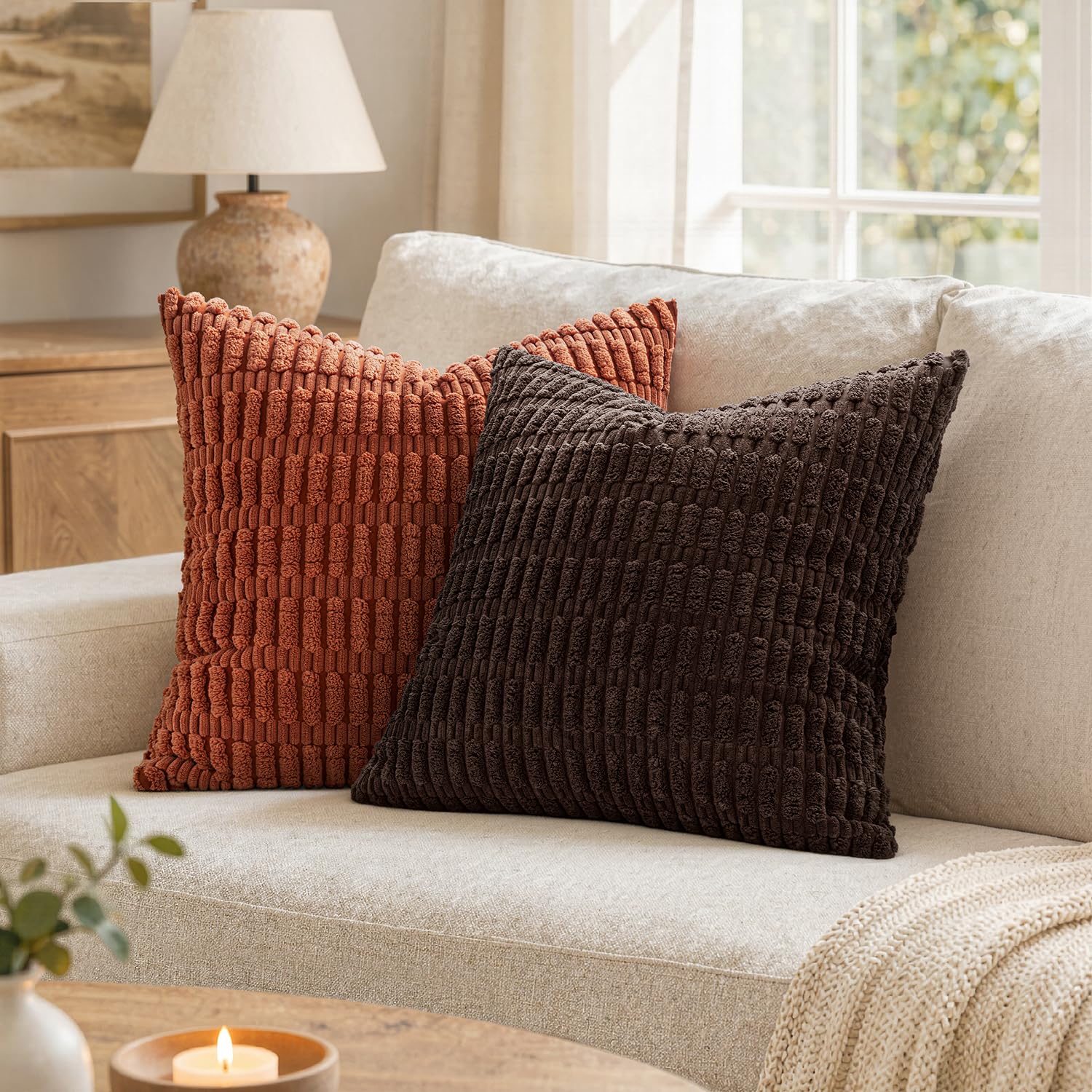 MIULEE Corduroy Decorative Throw Pillow Covers 20x20 Dark Brown Pack of 2