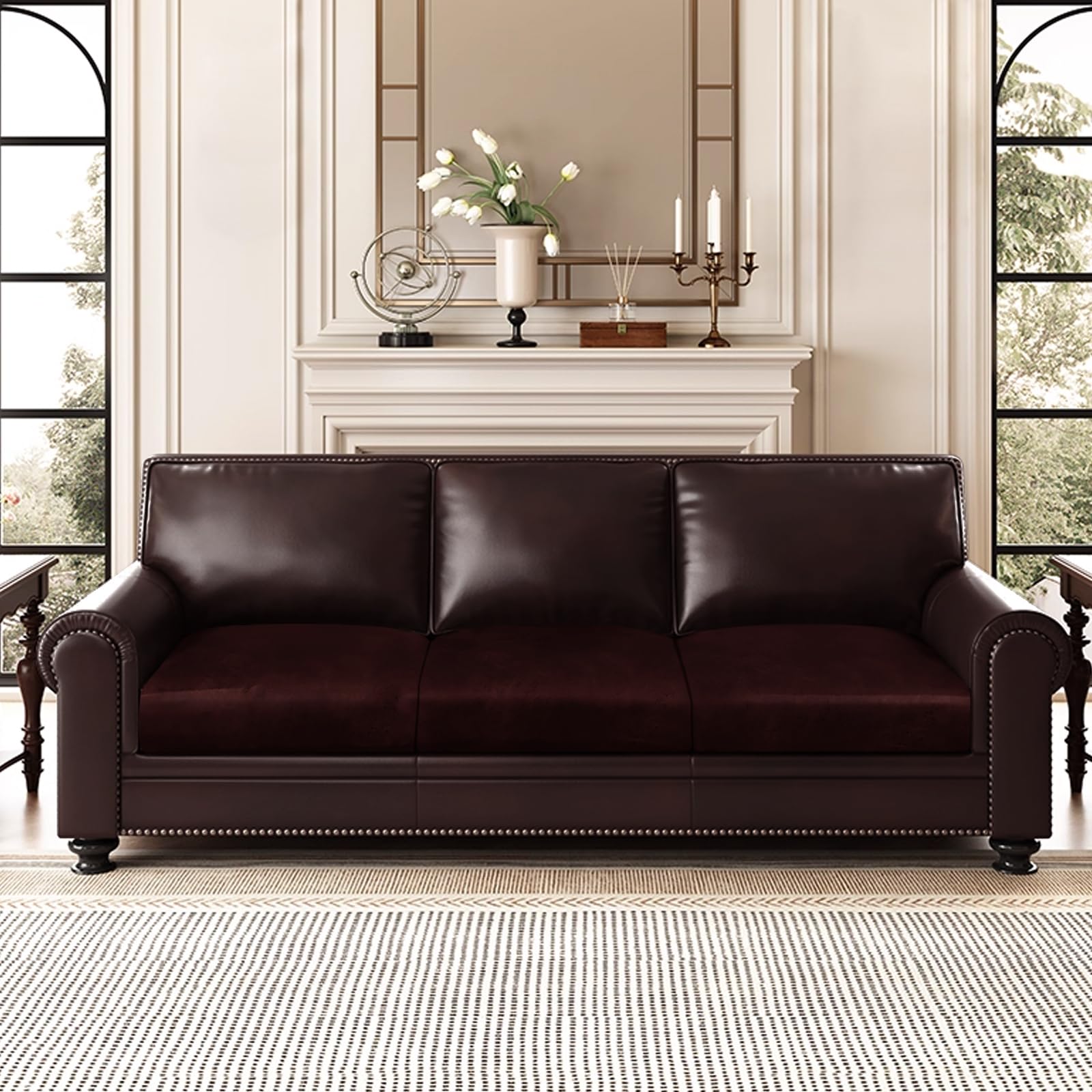 ANARACHON Leather Look Couch Cushion Covers Sofa Seat Slipcovers Sets Couches Furniture Protector for Sectional Armchair Loveseat Pets Kids Stretch Spandex Fabric (3 Cushion Sofa, Burgundy)