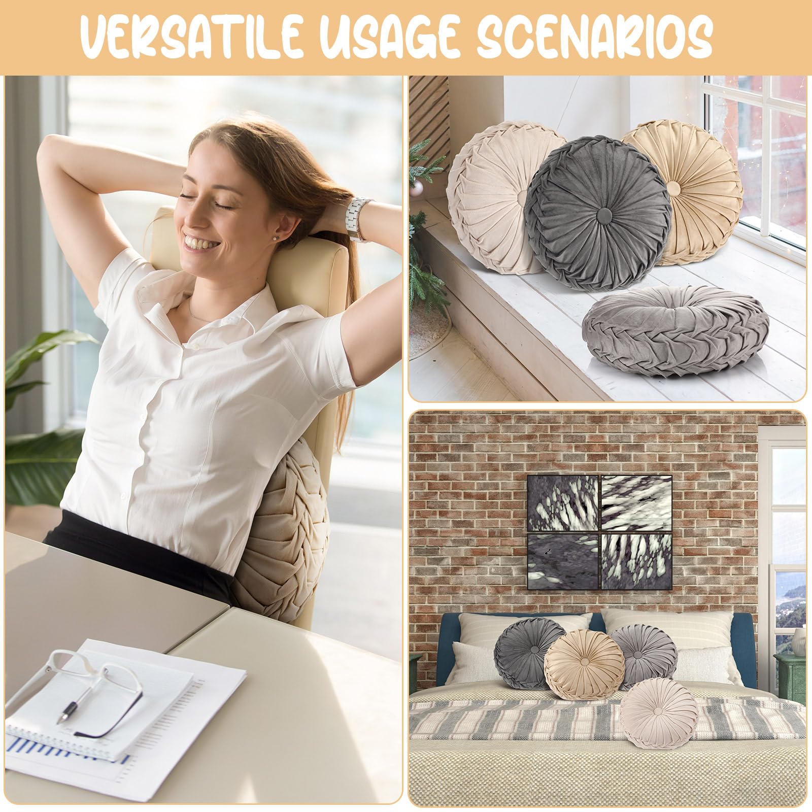 Kathfly 4 Pcs Decorative Round Pleated Throw Pillows, Classy Velvet Pumpkin Round Throw Pillows, Decorative Floor Pillow for Bed Chair Home Sofa Decor, 14" Diameter (Beige,Khaki,Gray,Dark Gray)