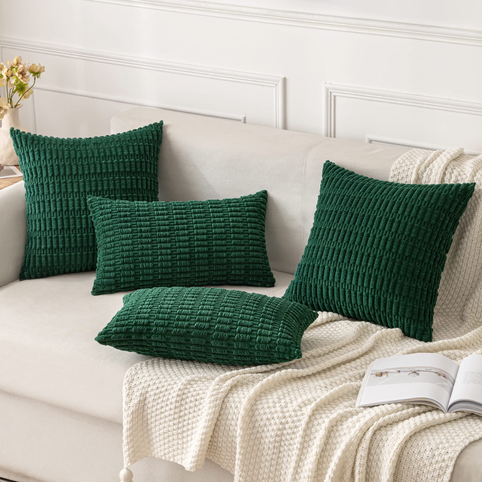 MIULEE Corduroy Decorative Throw Pillow Covers 18x18 Dark Green Pack of 2
