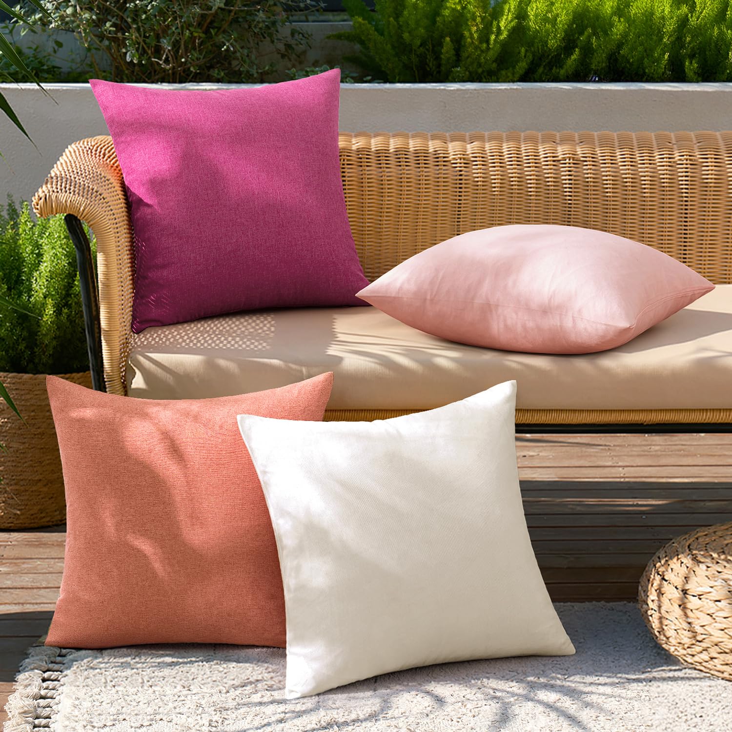 MIULEE Pack of 4 Decorative Outdoor Throw Pillow Covers Linen Waterproof Pillow Covers Summer Farmhouse Cushion Cases for Patio Garden Tent Balcony Couch Sofa 18x18 Inch Pink