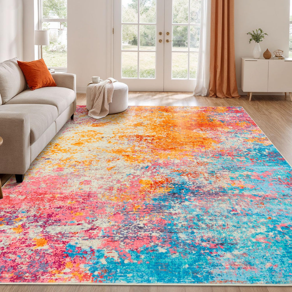 Rugflix 9x12 Area Rugs for Living Room, Washable Colorful Rainbow Large Rug