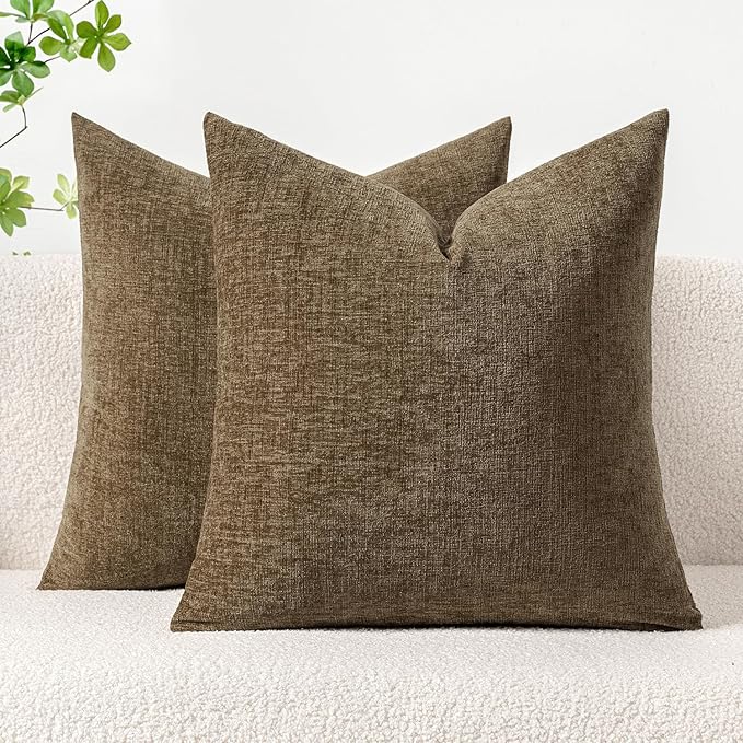 MIULEE Pack of 2 Coffee Throw Pillow Covers 20x20 Inch Soft Chenille Pillow Covers for Sofa Living Room Couch Solid Dyed Cases