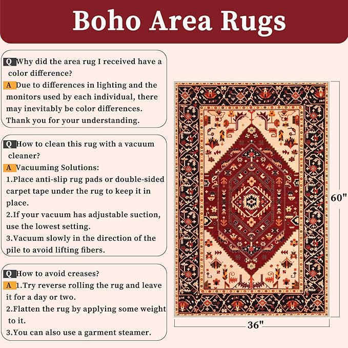 SERISSA Area Rug 3x5 Boho Rugs for Bedroom, Washable Non-Slip Living Room Rug, Ultra Soft Print Distressed Vintage Red Black Rug Low-Pile Throw Carpet for Entry Kitchen Bedroom Nursery Dorm Decor