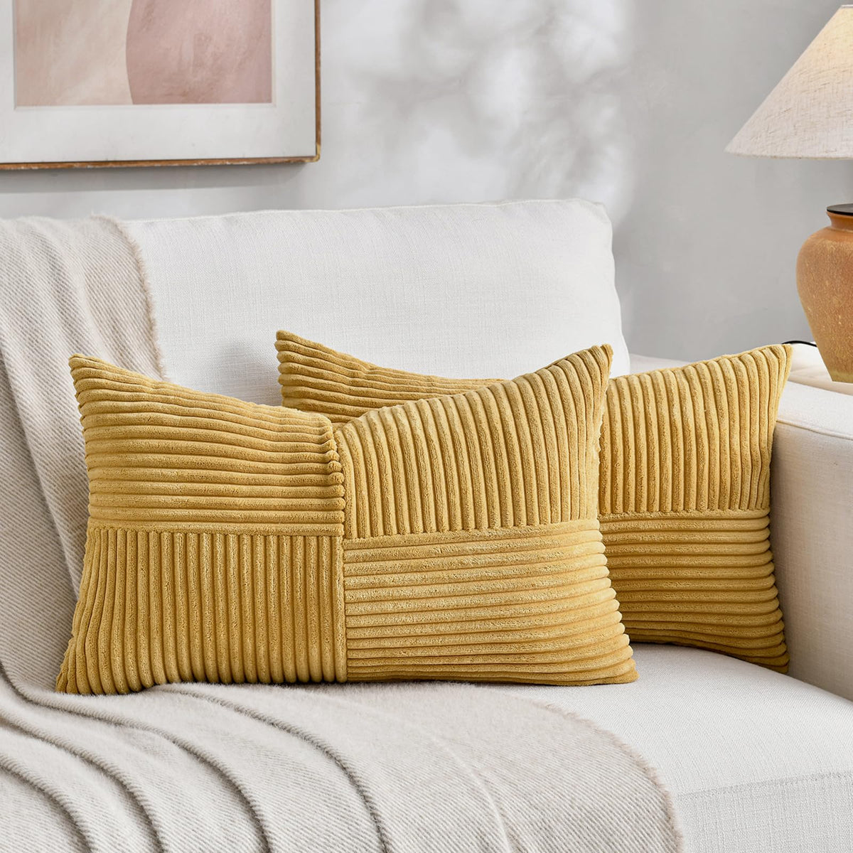 Fancy Homi 2 Packs Blush Pink Long Lumbar Decorative Throw Pillow Covers 12x24 Inch for Couch Bed Sofa, Rustic Farmhouse Boho Home Decor, Soft Striped Corduroy Rectangle Accent Cushion Case 30x60 cm