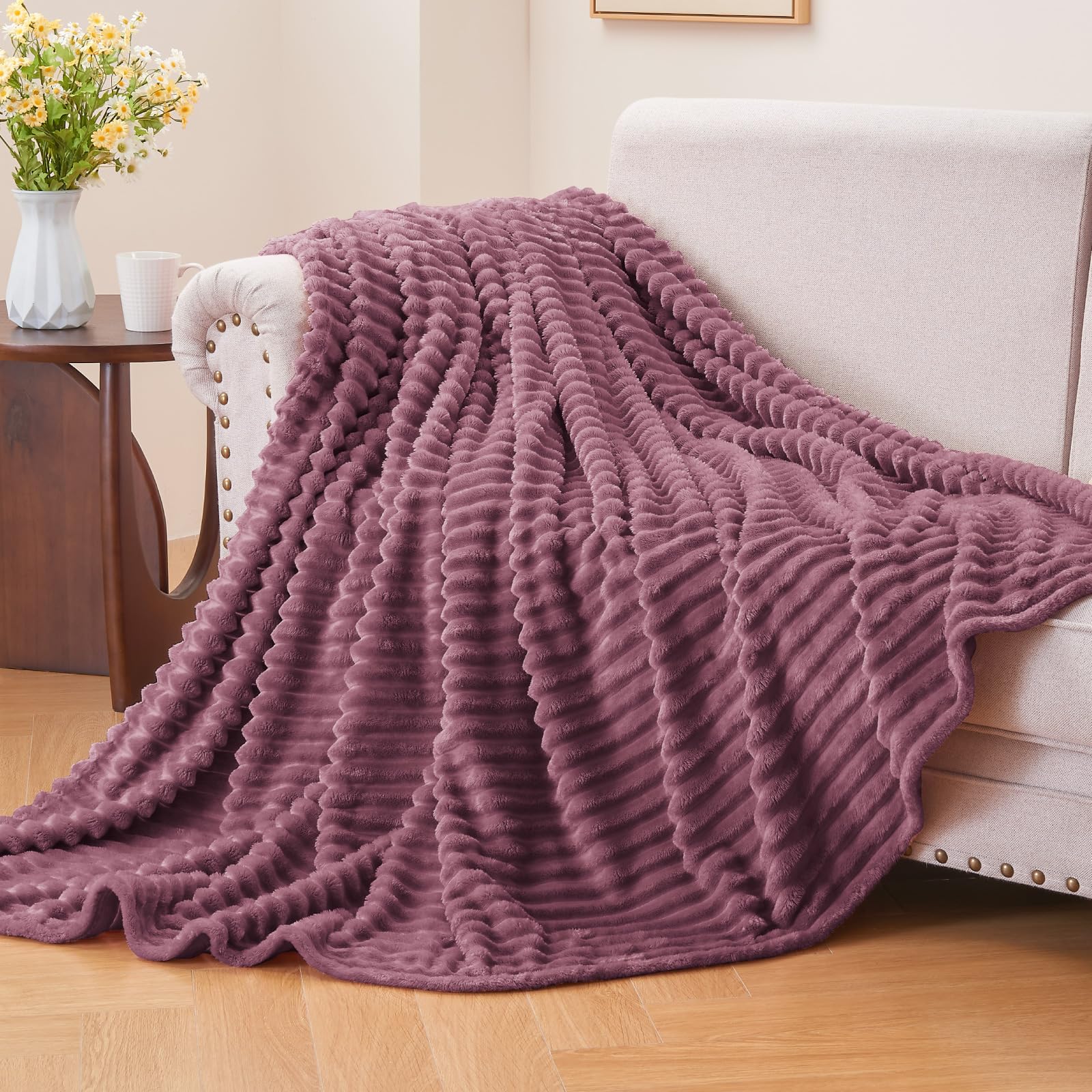 BEDELITE 3D Ribbed Jacquard Plum Fleece Twin Blanket for Bed, 60x80 Inch