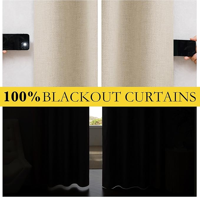 NICETOWN Cream 100% Blackout Linen Curtains 54 inch Long Burg for Dining Room, 1 Pair, 42" Width Each Panel, Farmhouse Thick Completely Blackout Window Treatment Thermal Insulated Drapes