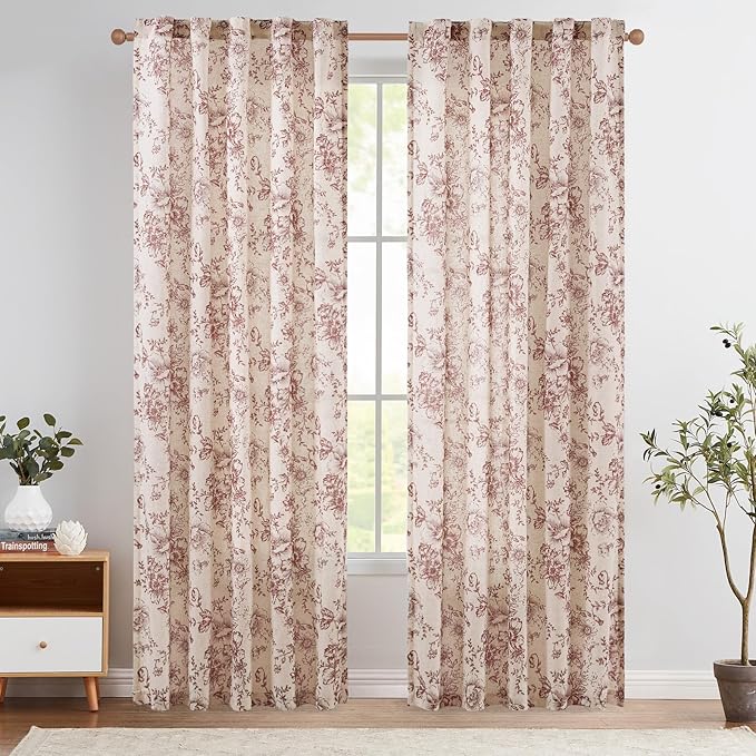 jinchan Linen Blend Curtain Floral Curtains for Living Room 90 Inch Length Farmhouse Brick Red Printed Curtain Rod Pocket Back Tab Peony Flower Patterned Drapes Curtains Set 2 Panels