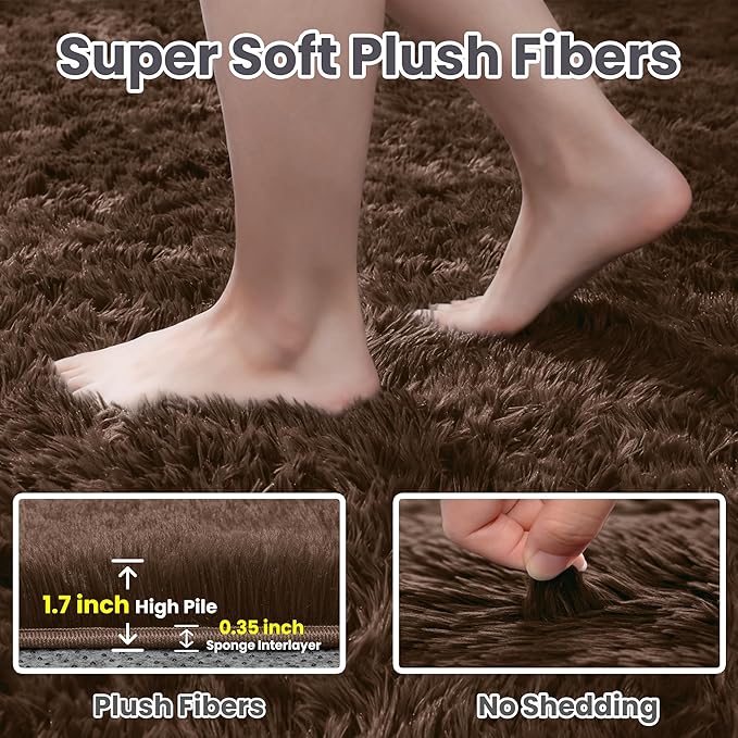 2x6 Fluffy Shag Area Rugs for Living Room Bedroom: Soft Plush Carpet Brown