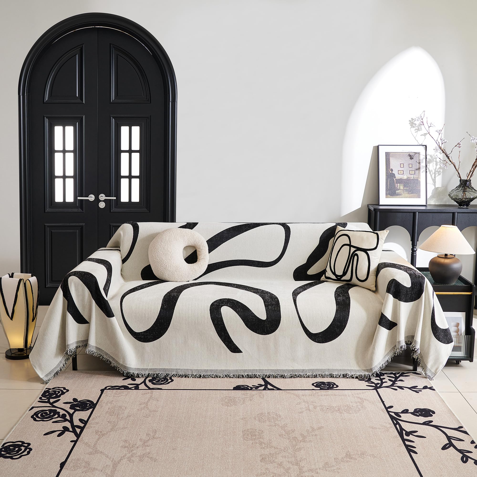 MYSKY HOME Boho Couch Cover Super Soft Couch Covers for 2-3 Cushion Couch Sofa, Modern Black Jacquard Sofa Slipcover Loveseat Futon Cover, Couch Covers for Sectional Sofa, 71" x 102", Black Curve