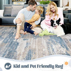 9x12 Area Rug for Living Room, Washable Modern Abstract Large Area Rug Neutral Soft Non Slip Kids Rug Stain Resistant Indoor Carpet for Bedroom Dining Room Playroom Office(BlueBeige, 9'x12')