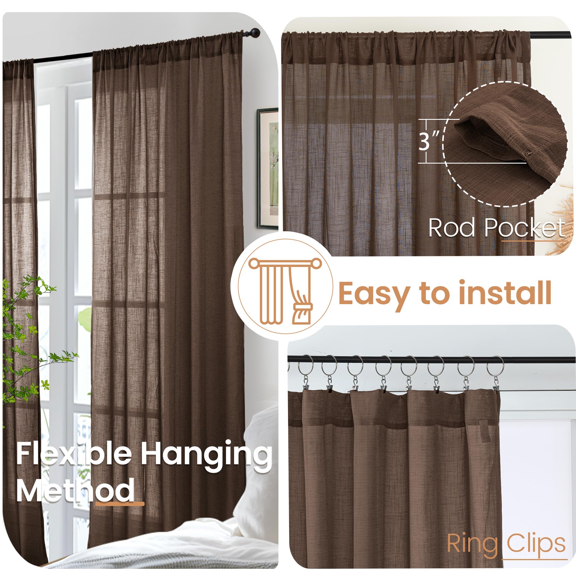 BGment Brown Linen Kitchen Curtains 40 Inch Length, Small Semi Sheer Drapes Textured for Cafe Window Over Sink Bathroom Decor Lightweight Rod Pocket, 2 Panels Set, Each 30 Inch Wide
