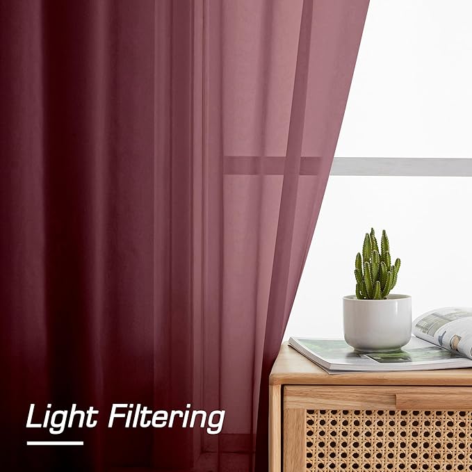 Aiyufeng Sheer Curtains Burgundy Red - Fabric Vertical Window Shades for Sliding Glass Door Balcony Terrace Sun Room Beach Pool House, 40 x 63 inches, 1 Pair