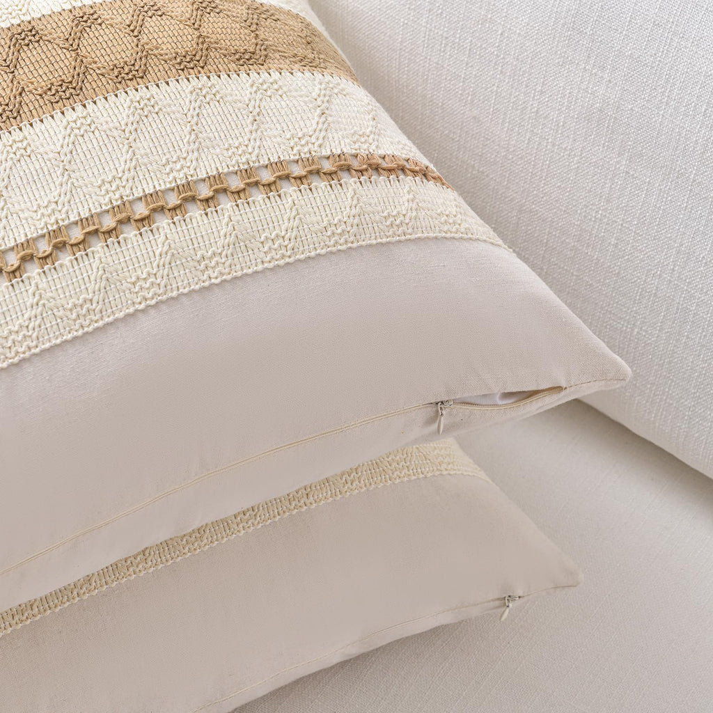 Fancy Homi Set of 1 Tan Neutral Decorative Throw Pillow Cover 20x20 Inch for Couch Bed Sofa, Aesthetic Modern Organic Farmhouse Boho Home Decor, Soft Cotton Cute Accent Macrame Woven Cushion Case