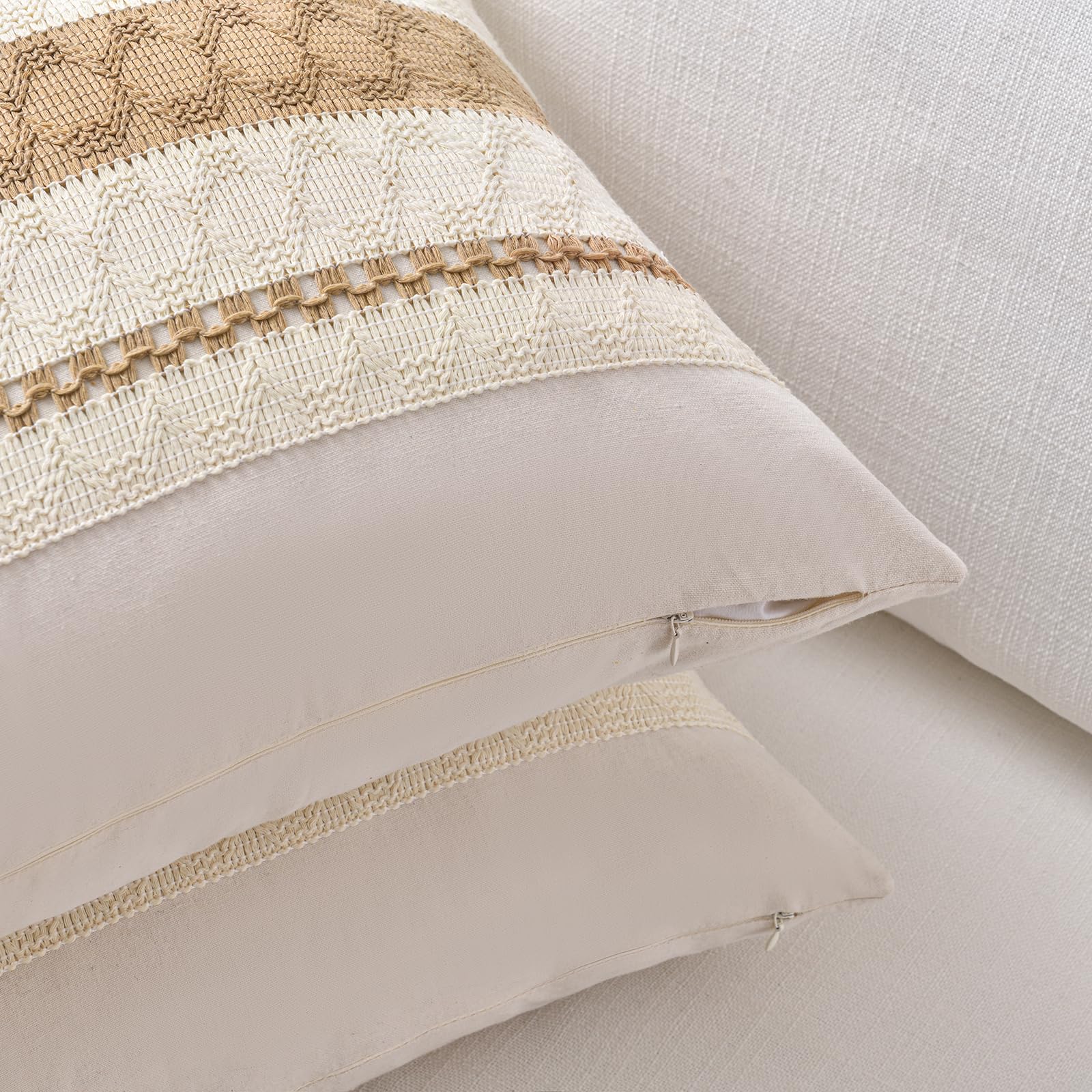 Fancy Homi Set of 1 Tan Neutral Decorative Throw Pillow Cover 20x20 Inch for Couch Bed Sofa, Aesthetic Modern Organic Farmhouse Boho Home Decor, Soft Cotton Cute Accent Macrame Woven Cushion Case