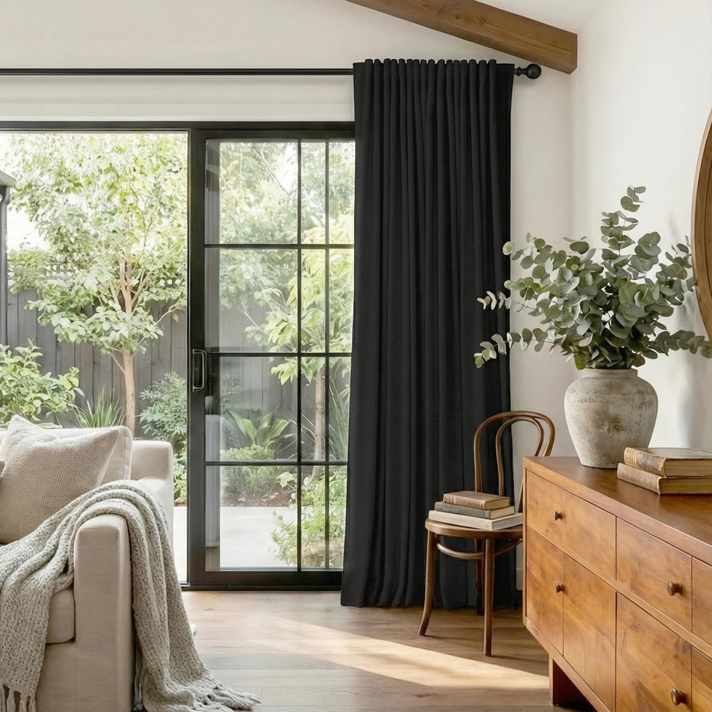 Linen Textured Total Blackout Sliding Door Curtains 96 Inches Long, Black