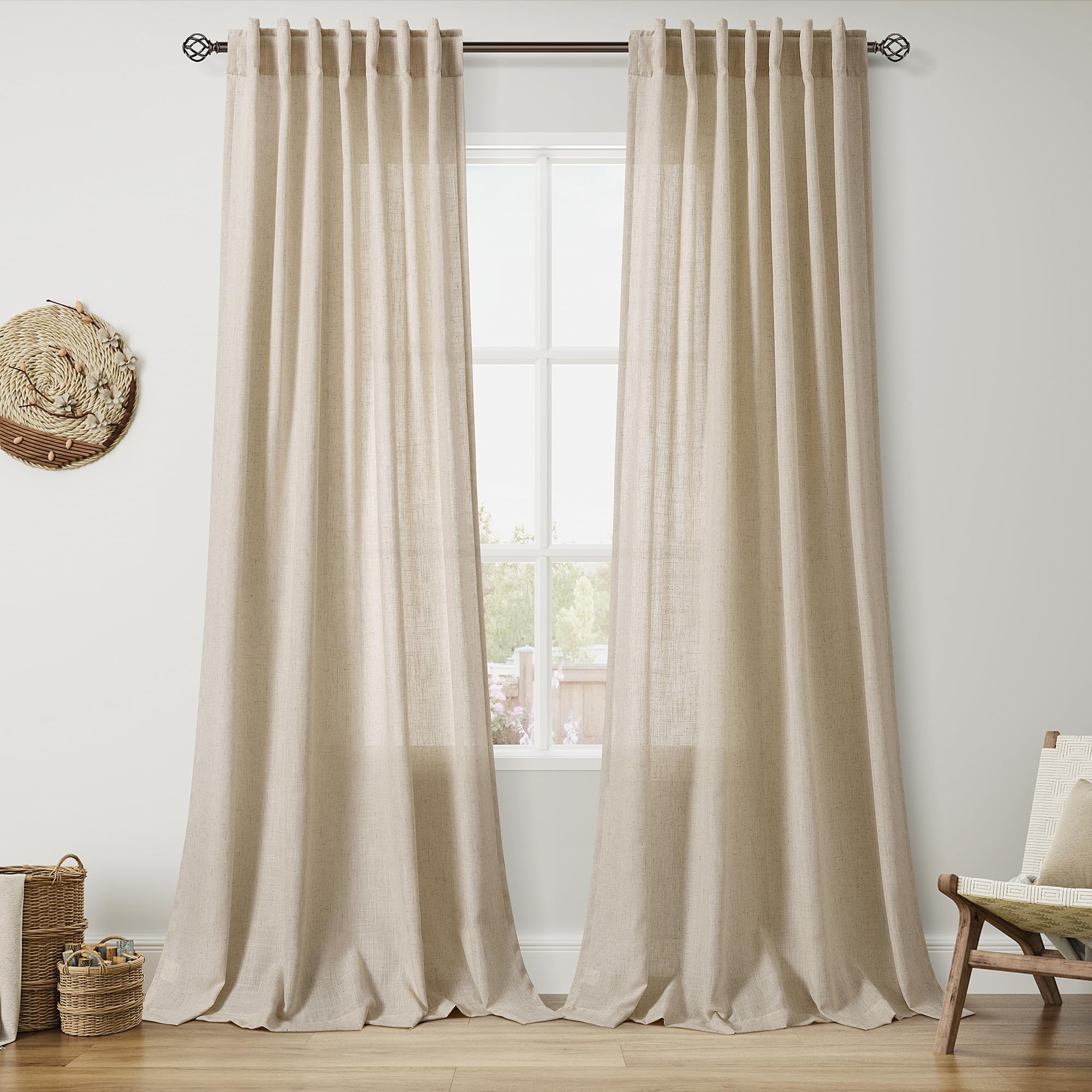 Taupe Burlywood Linen Curtains for Living Room 105 Inches Long Light Filtering Semi Sheer Curtain Back Tab Rustic Luxury Neutral Modern Farmhouse Decor Drapes for Bedroom Dinner Room 52x105, 2 Panels