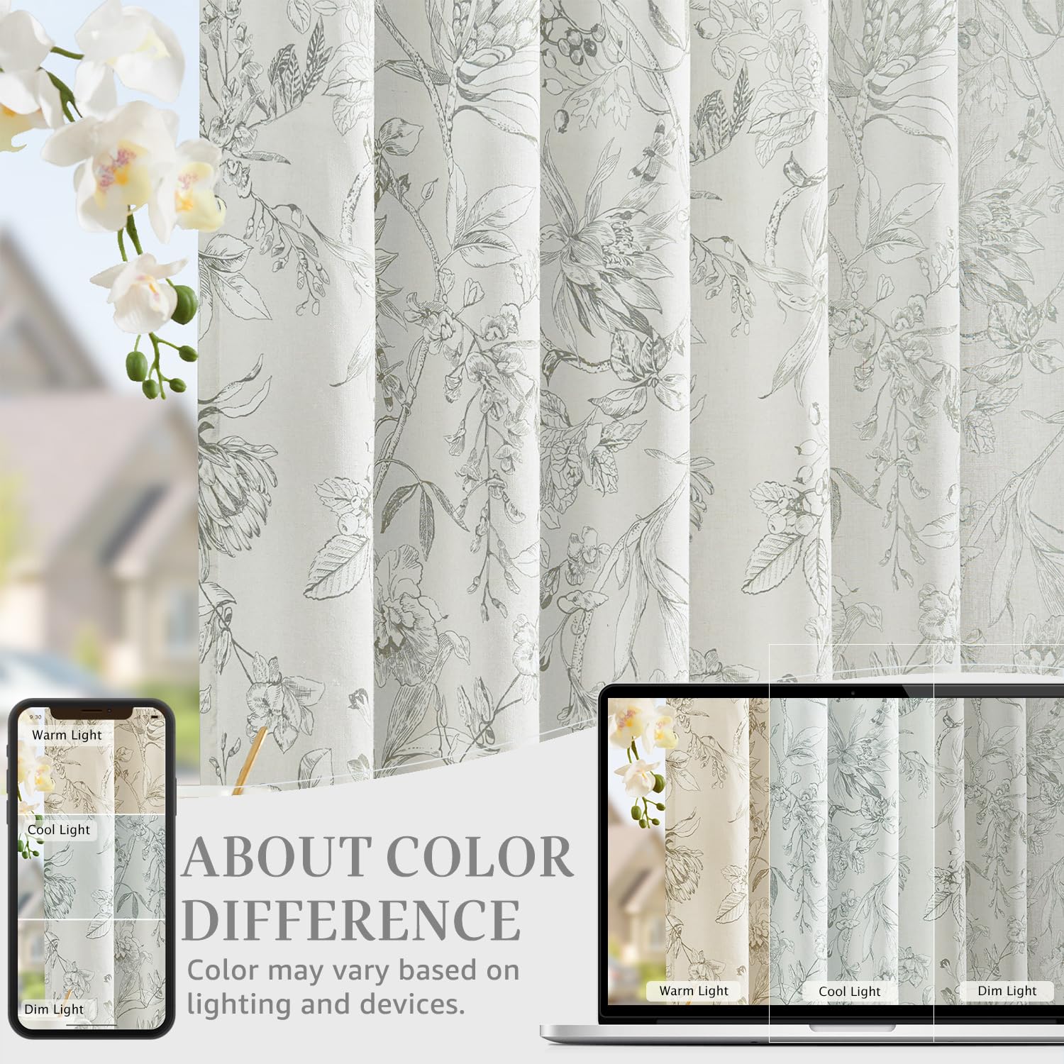 jinchan Grey Floral Linen Curtains 96 Inch Farmhouse Rod Pocket 2 Panels