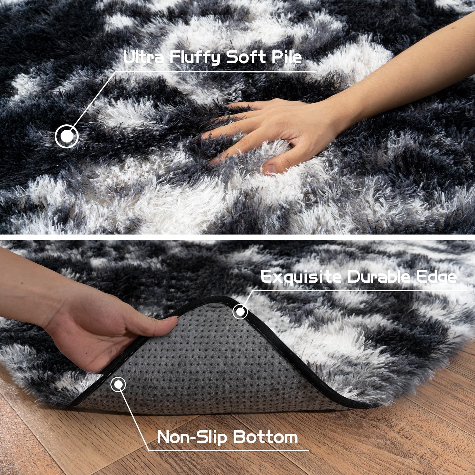 Pionblank Fluffy Runner Rugs for Bedroom 2x6, Black White