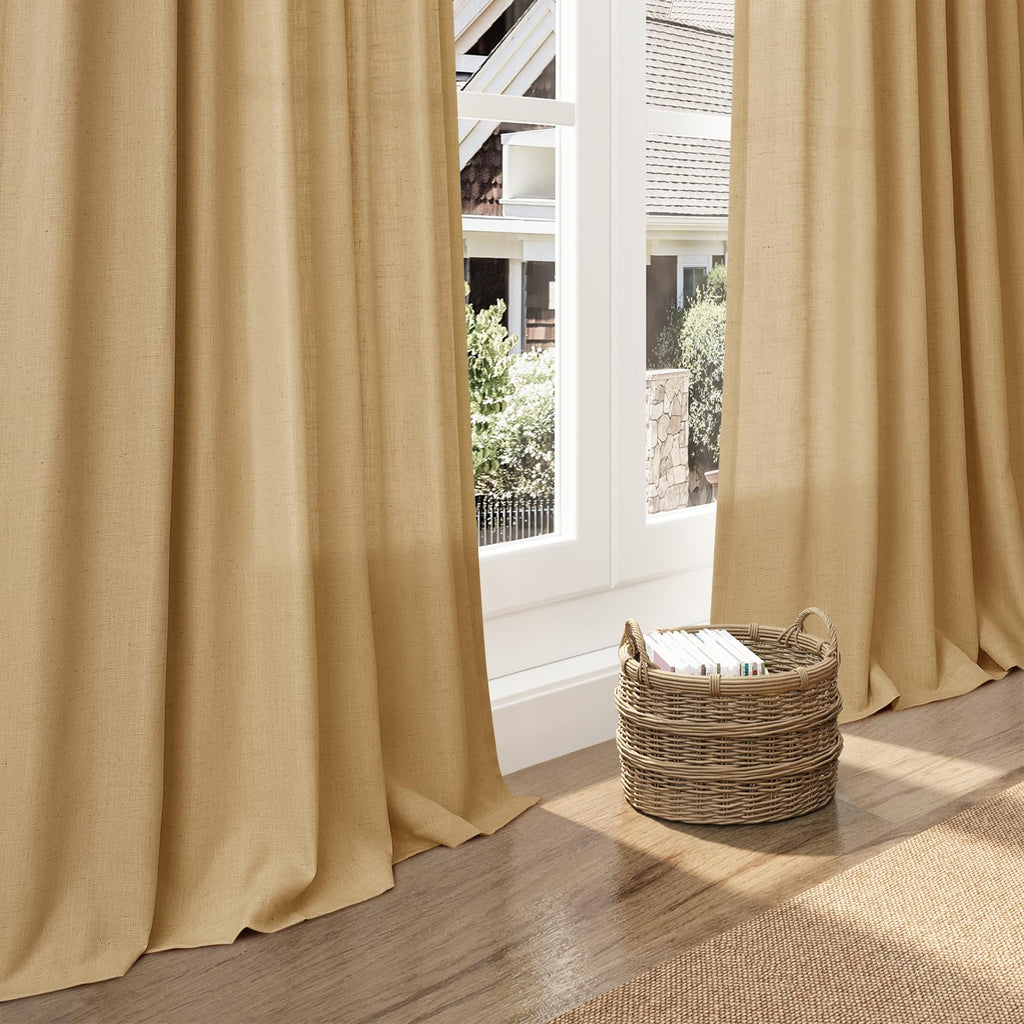 Gold Yellow Linen Curtains 84 Inch Length 2 Panels Set for Living Room Rod Pocket Back Tab Light Filtering Window Drapes for Bedroom Dining Room Protect Privacy Country Farmhouse Decor 52x84