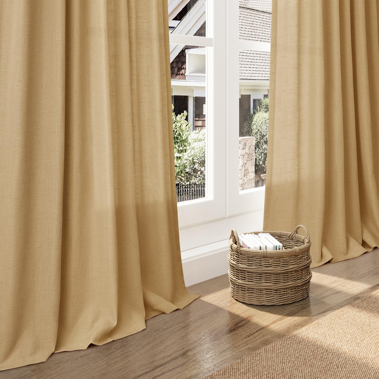 Gold Yellow Linen Curtains 84 Inch Length 2 Panels Set for Living Room Rod Pocket Back Tab Light Filtering Window Drapes for Bedroom Dining Room Protect Privacy Country Farmhouse Decor 52x84