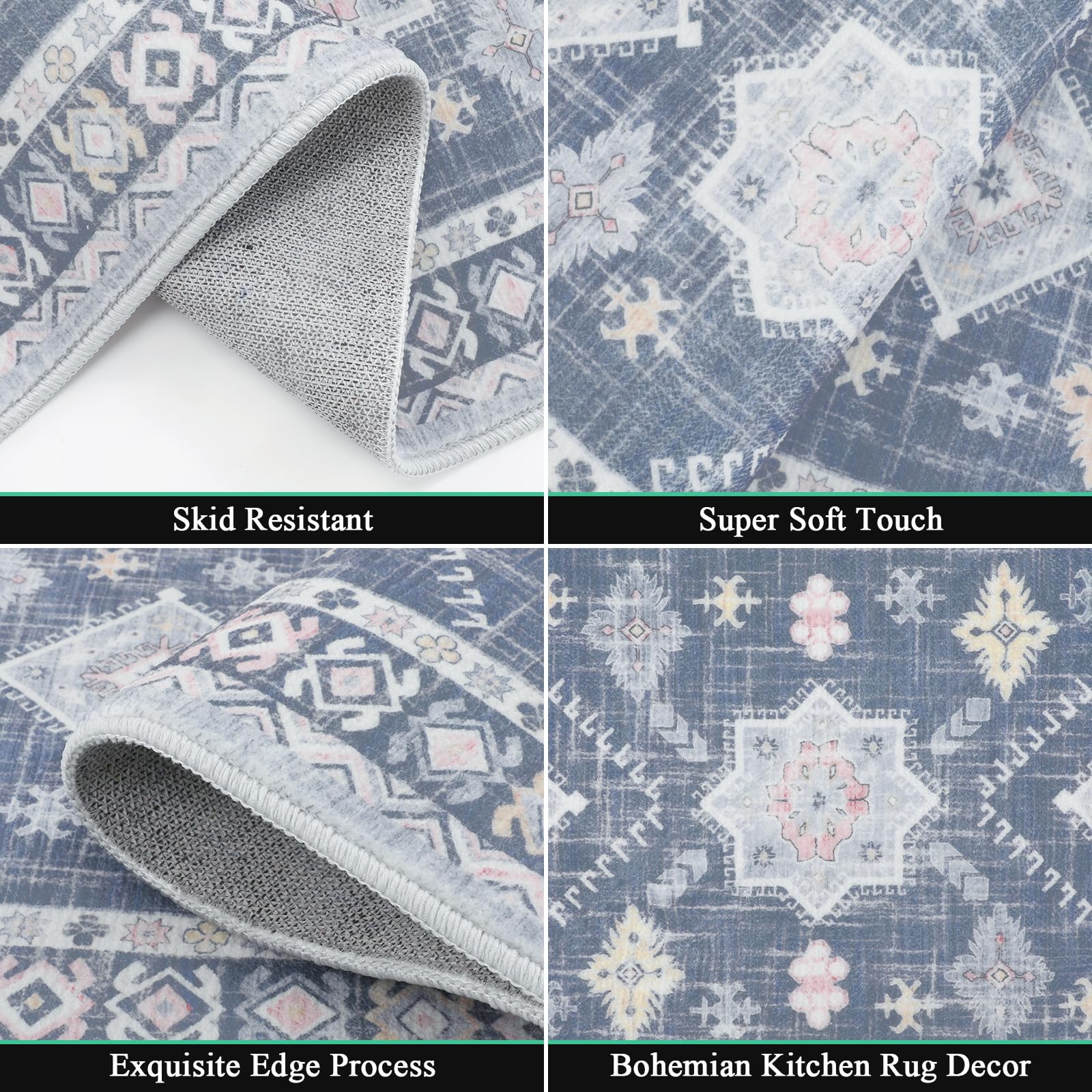 HEBE Boho Kitchen Rugs Set of 3, Non Slip Washable Kitchen Mats for Floor