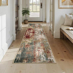 Washable Area Rugs 2x9 Non-Slip Modern Abstract Soft for Living Room Entryway Bedroom Nursery, Print Pattern, Brown Rust Red Green Blue Multi