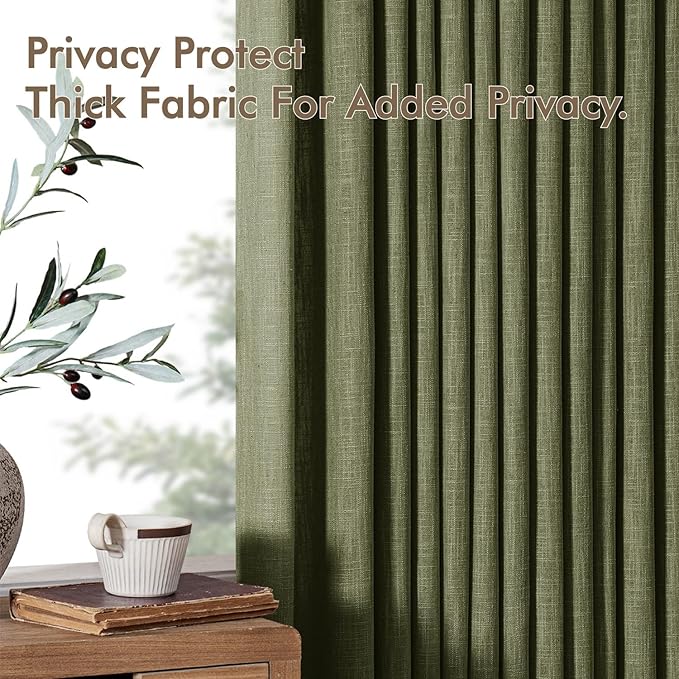 MIULEE Olive Green Pinch Pleated Linen Curtains 96 Inches Long 2 Panels