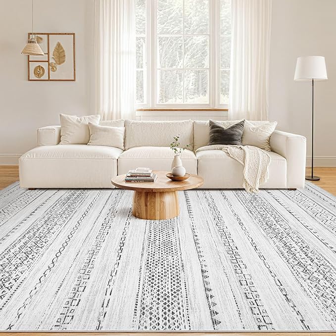 Nakagishi 10x12 Area Rug Living Room: Washable Boho Large Neutral Modern Soft Stain Resistant Farmhouse Indoor Floor Rug Non Slip Accent Carpet for Bedroom Nursery Kids Playroom Office- Gray