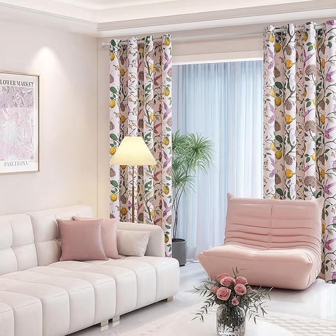 Topfinel Extra Long 108 Inches Curtains for Large Window Funky Baby Pink Tall Light Blocking Floral Hummingbird Fancy Coquette Preppy Curtains Grommet Microfiber High Ceiling Curtains 2 Panels 9FT