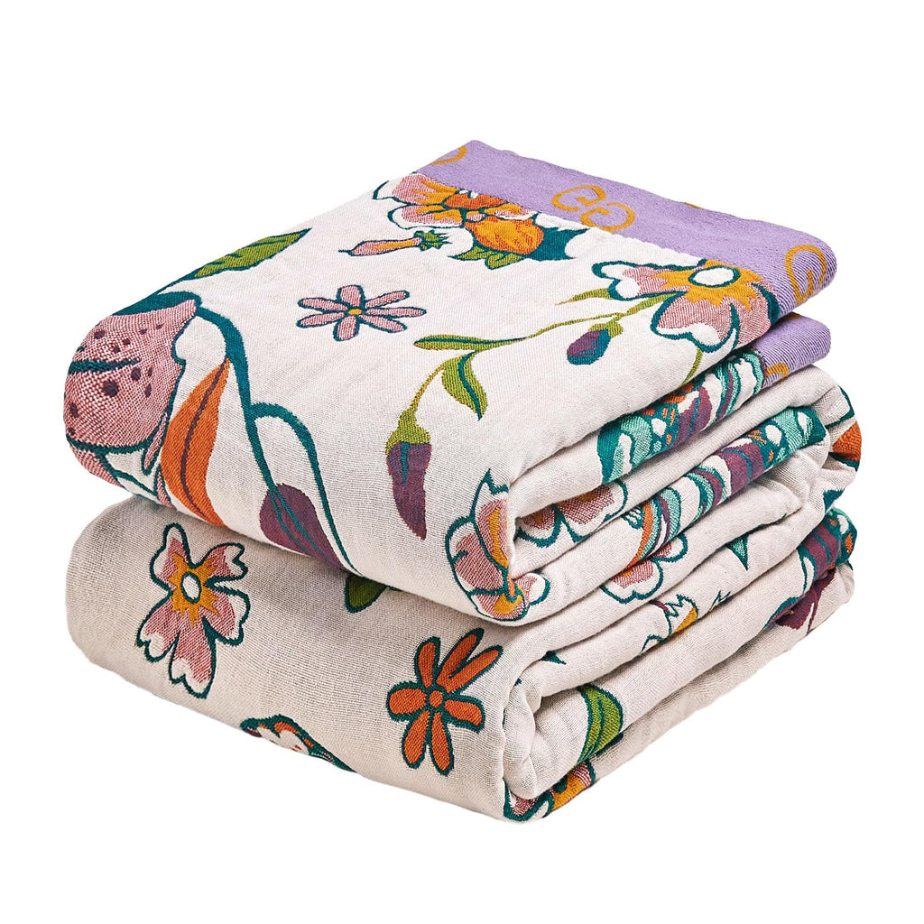 MSGKV Boho Throw Blanket 90"x108" 100% Cotton Floral Blanket for Bed