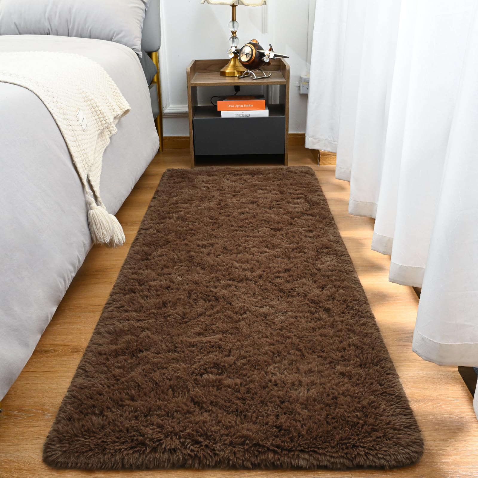 Goideal Fluffy Runner Rug for Bedroom Living Room, 2x6 Brown Bedside Rugs, Faux Fur Shag Modern Carpet Ultra Soft Girls Boys Room Home Decor, Solid