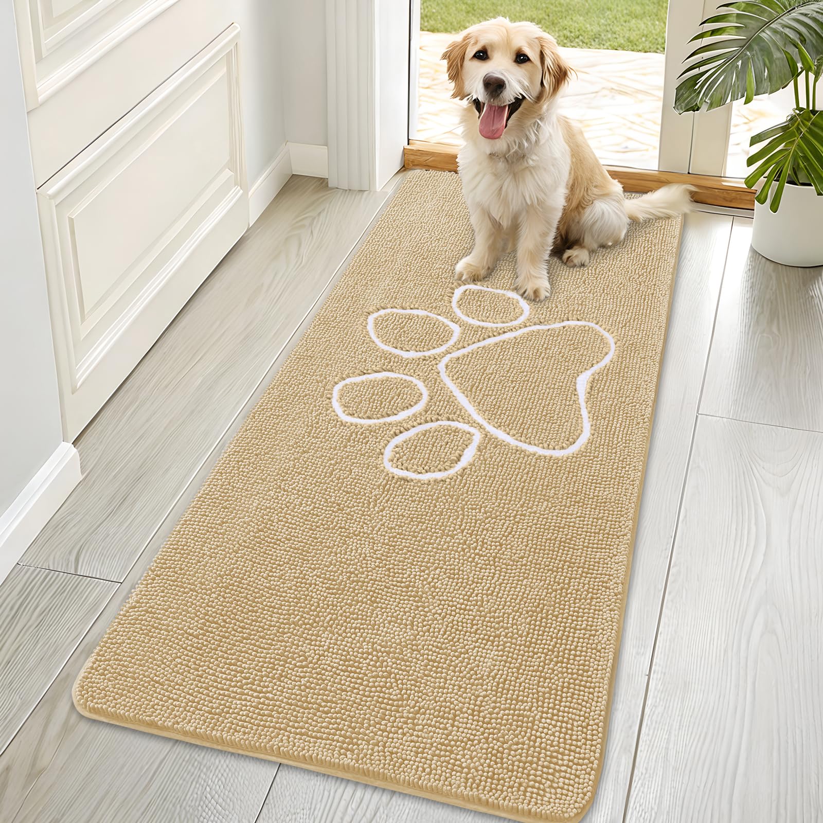 OLANLY Dog Door Mat for Muddy Paws 70x35, Paw Print Design Chenille Mud Mat