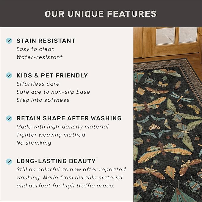 Dark 6x8 Insect Area Rug for Living Room - Vintage Washable Rugs for Dining Room Under Table, Low Pile & Soft Boho Bedroom Decor, Butterfly Non Slip Foldable Carpet
