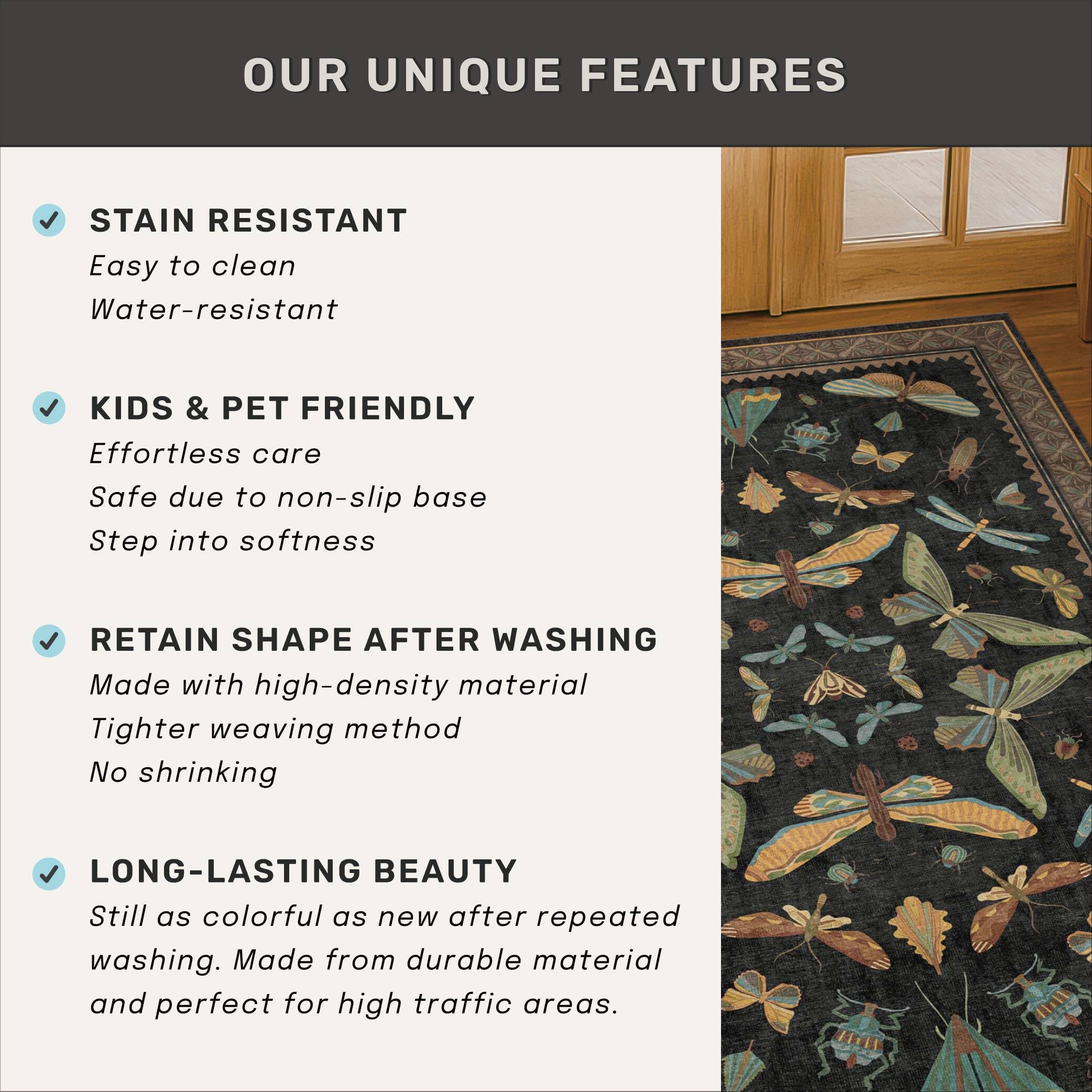 Green and Black Rug for Entryway Indoor- 3x6 Kitchen Floor Mats Non Slip, Washable Dark Unique Insect Print Rugs for Entry Way, Mudroom, Vintage Stain Resistant Indoor Décor