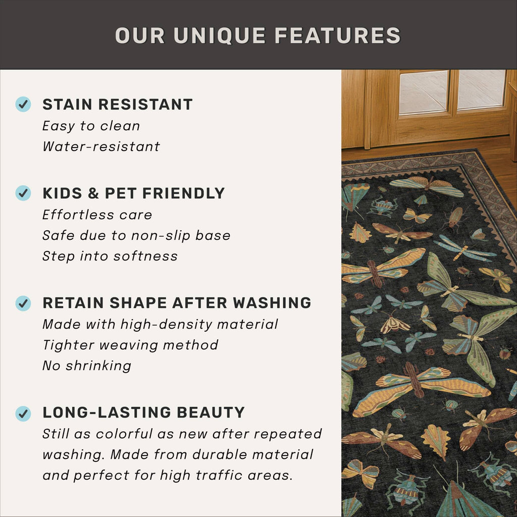 2x5 Black Washable Kitchen Runner Rugs Non Skid Washable - Gothic Runner Rug for Entryway, Kitchen, Insect Print Stain Resistant Indoor Décor