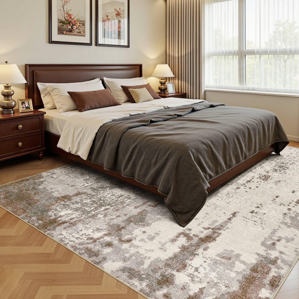 UERMEI 10x14 Washable Area Rug - Neutral Modern Abstract Living Room Rugs, Non-Slip Soft Large Indoor Floor Carpet for Bedroom Home Office & Under Dining Table Decor, Brown/Grey/Beige