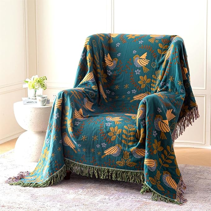 MSGKV Boho Throw Blanket 60"x80" 100% Cotton Bird Quilt for Bed & Couch