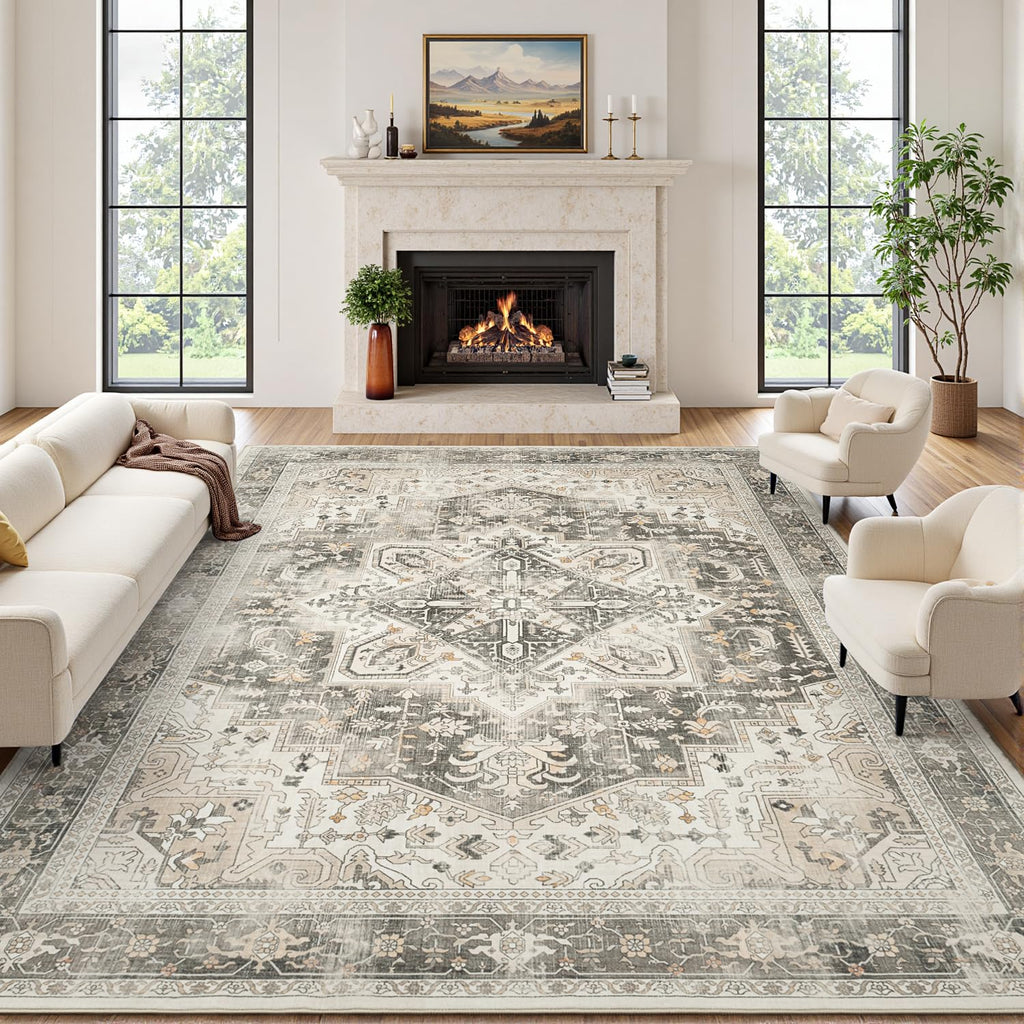 Rugflix 9x12 Area Rugs for Living Room, Washable Beige Grey Large Rug