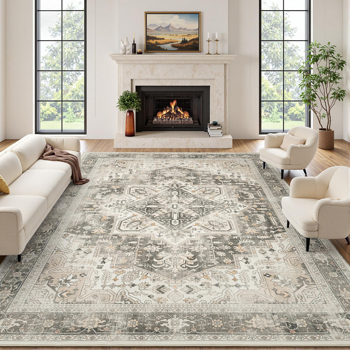 Rugflix 9x12 Area Rugs for Living Room, Washable Beige Grey Large Rug