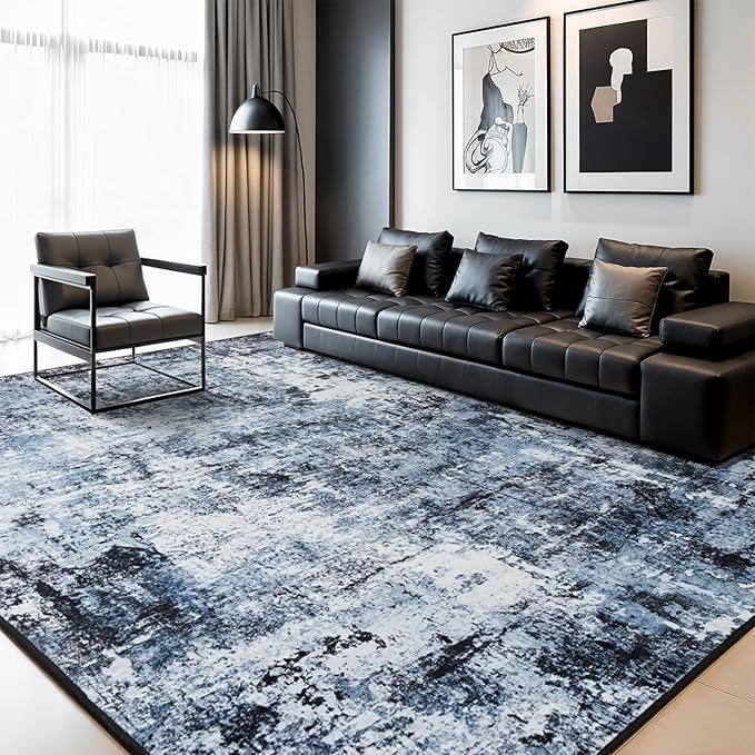 Rugflix 9x12 Area Rugs for Living Room, Washable Large Rug Stain-Resistant Low Pile, Modern Dark Carpet for Dining Room Home Office Kid Room Nursery Bedroom, Navy Blue/Black