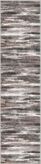 Lansny Modern Abstract Runner Rug 2.6x10, Dark Light Brown White Washable Long Kitchen Runner Non-Slip Soft Hallway Rug Runner Thin Print Faux Wool Carpet for Entryway Bedroom Laundry Room Indoor