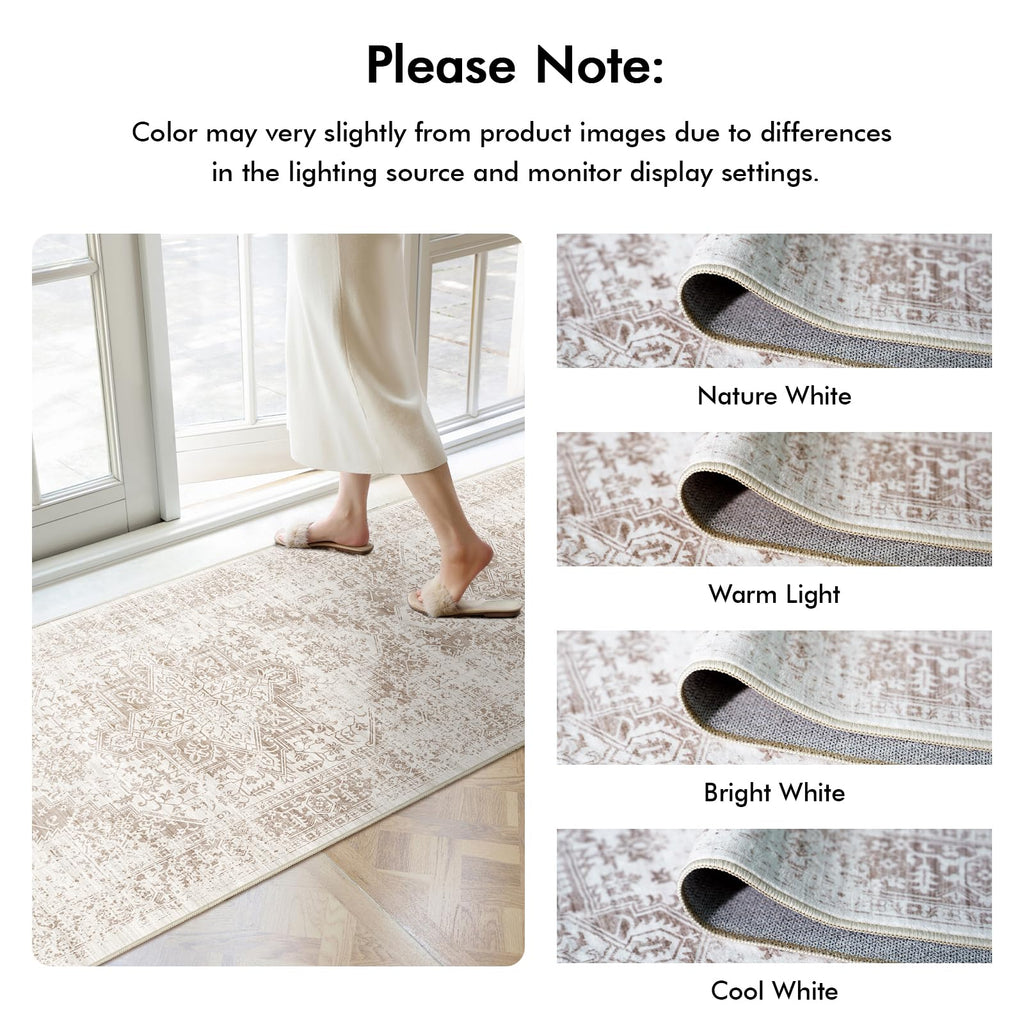 4x12 Washable Hallway Runner Rug: Vintage Wide Low Pile Rugs IvoryBeige