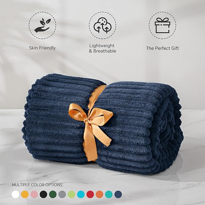 BEDELITE Fleece Blanket Twin Size – 3D Ribbed Jacquard Soft and Warm Decorative Fuzzy Blankets – Cozy, Fluffy, Plush Lightweight Throw Blankets for Couch, Bed, Sofa(Navy Blue, 60x80 inches)