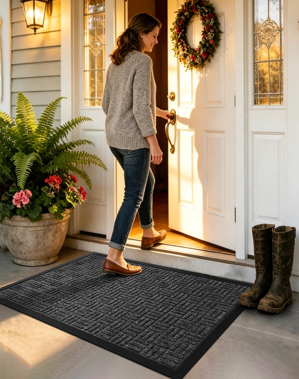 Mibao Front Door Mat Outdoor Entrance, 29.5" x 17" Heavy Duty Welcome Mat for Outdoor and Indoor, Waterproof Dirt Trapper Doormat, Super Absorbent Indoor Entryway Mat for Patio & Porch - Gray