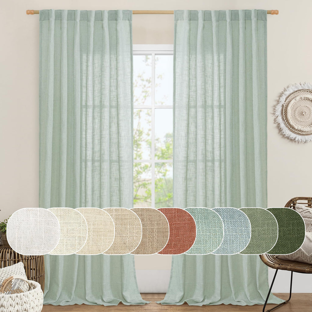 LAMIT Light Sage Linen Sheer Curtains for Bedroom 84 Inches Long, 2 Panels