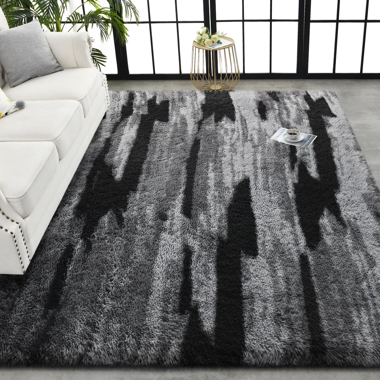 TWINNIS Super Soft Shaggy Rugs Fluffy Carpets, 5x8 Feet, Indoor Modern Plush Area Rugs for Living Room Bedroom Kids Room Nursery Home Decor, Upgrade Anti-Skid Rectangular Fuzzy Rug, Black Gray