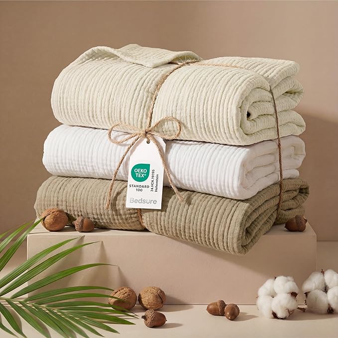 Bedsure 100% Cotton Muslin Blankets for Adults Large Throw 50x70 Inches - 4-Layer Breathable and Lightweight, Soft Boho Gauze Muslin Cotton Blanket for Couch Decor Travel Summer, Light Brown
