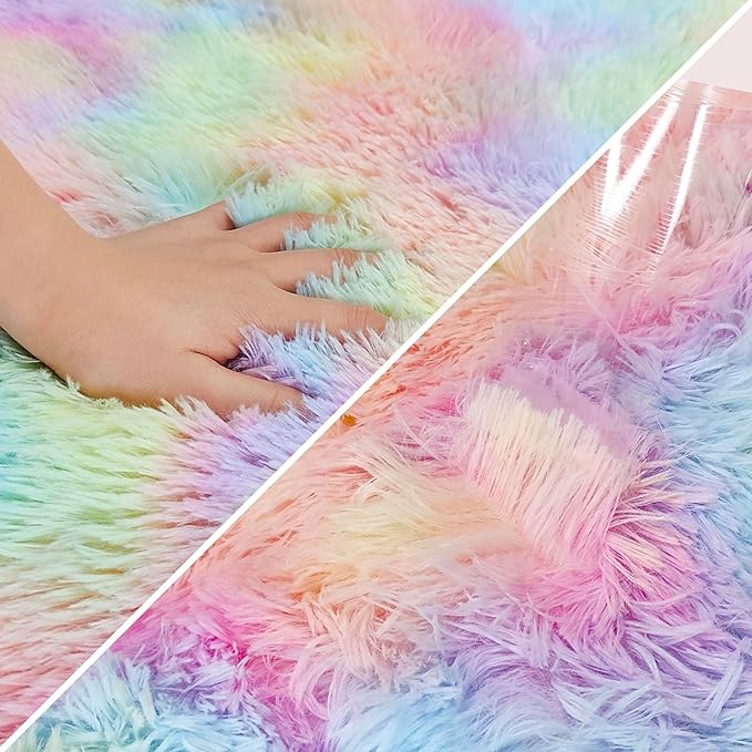 Fluffy Rainbow Colorful Area Rug for Girls Bedroom 4x6 Kawaii Tie Dye Rug Fuzzy Indoor Floor Unicorn Rug for Living Room Kids Nursery Baby Princess Room Dorm Home Decor Aesthetic Carpets